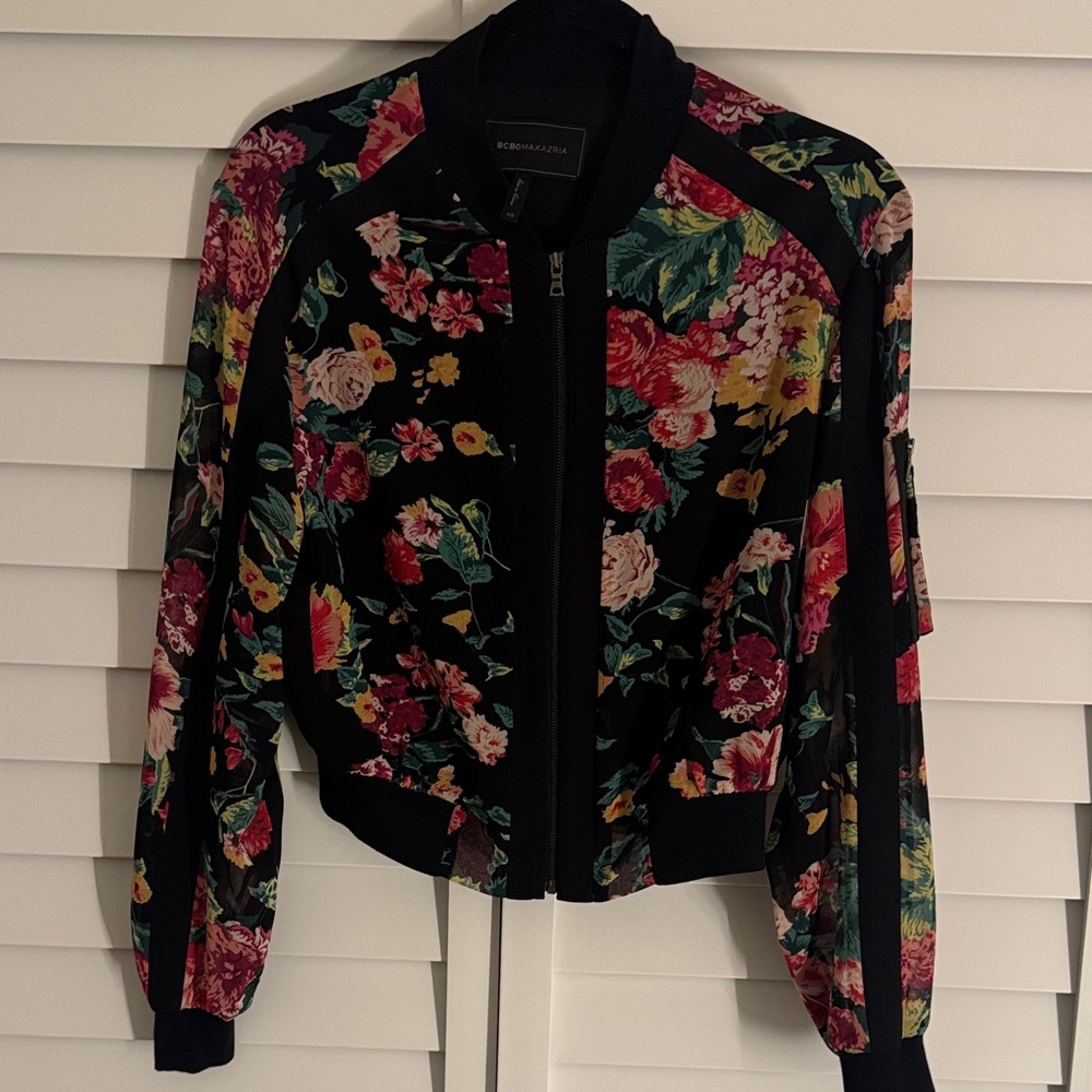 BCBGMaxAzria Black Floral Bomber Jacket